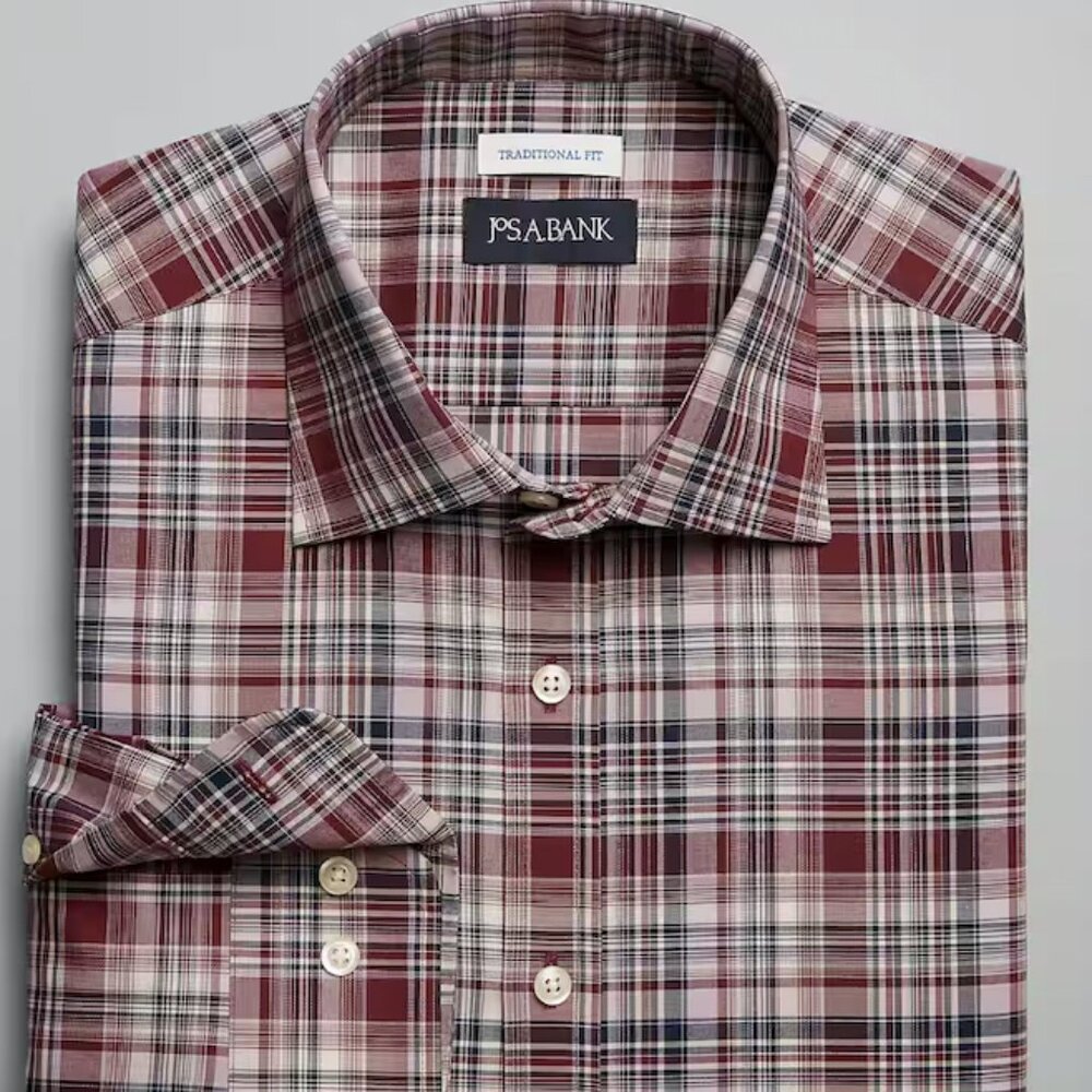 Jos. A. Bank Traditional Fit Spread Collar Busy Plaid Sportshirt - Tawny Port